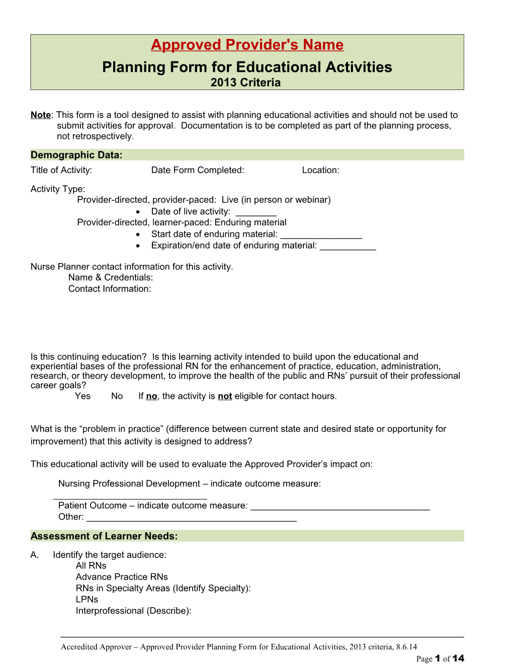 Planning Form for Educational Activities