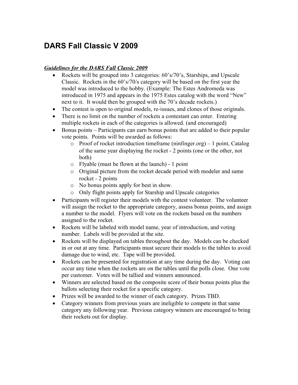 Rules, Operating Procedures and Events for the DARS Fall Classic