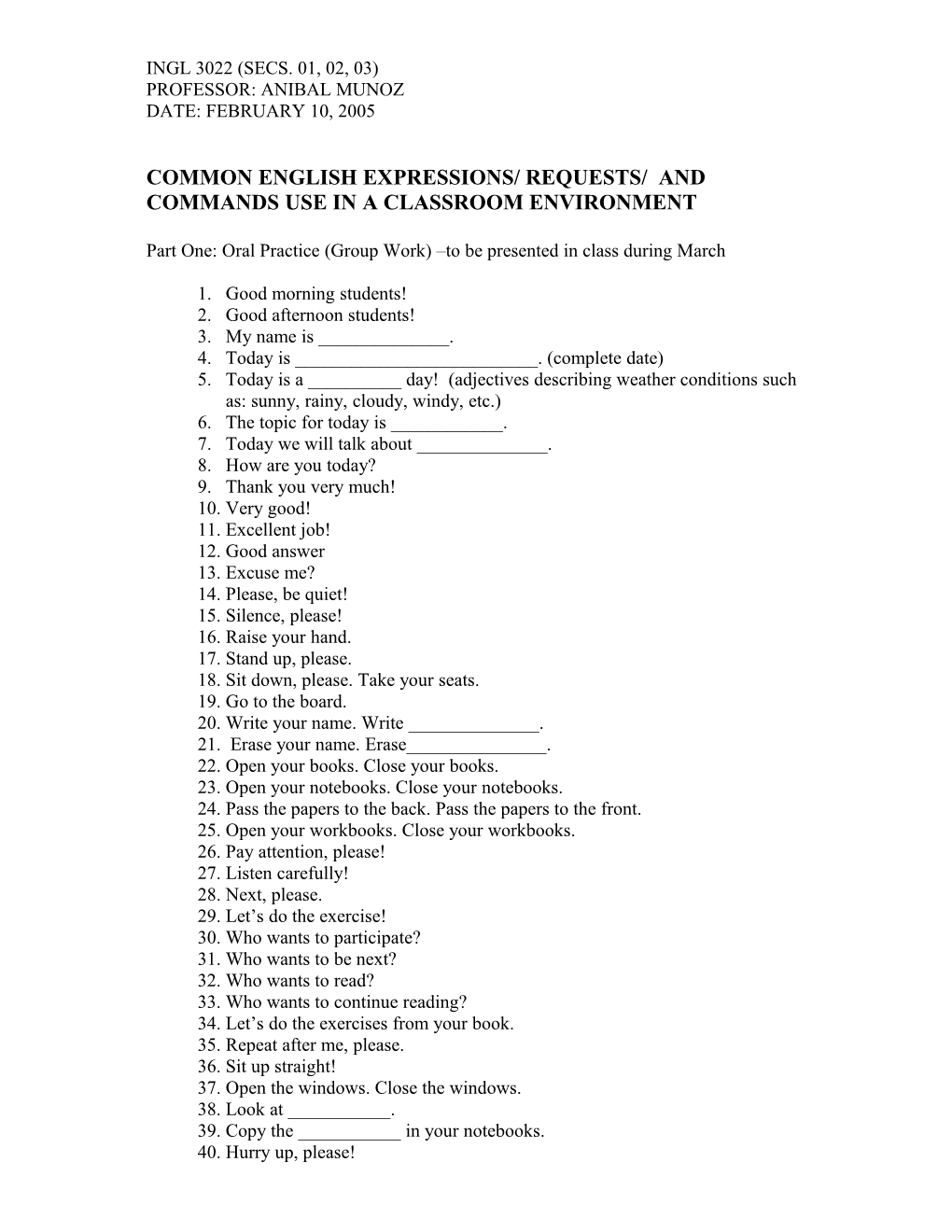 Common English Expressions/ Requests/ and Commands Use in a Classroom Environment