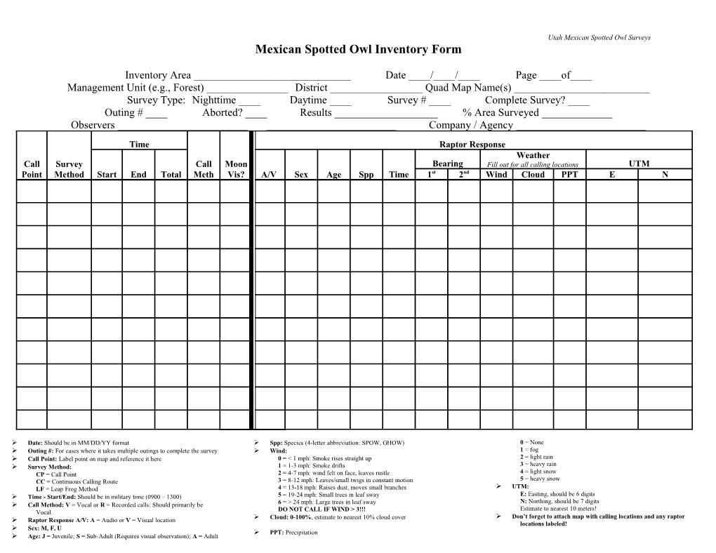 Mexican Spotted Owl Inventory Form