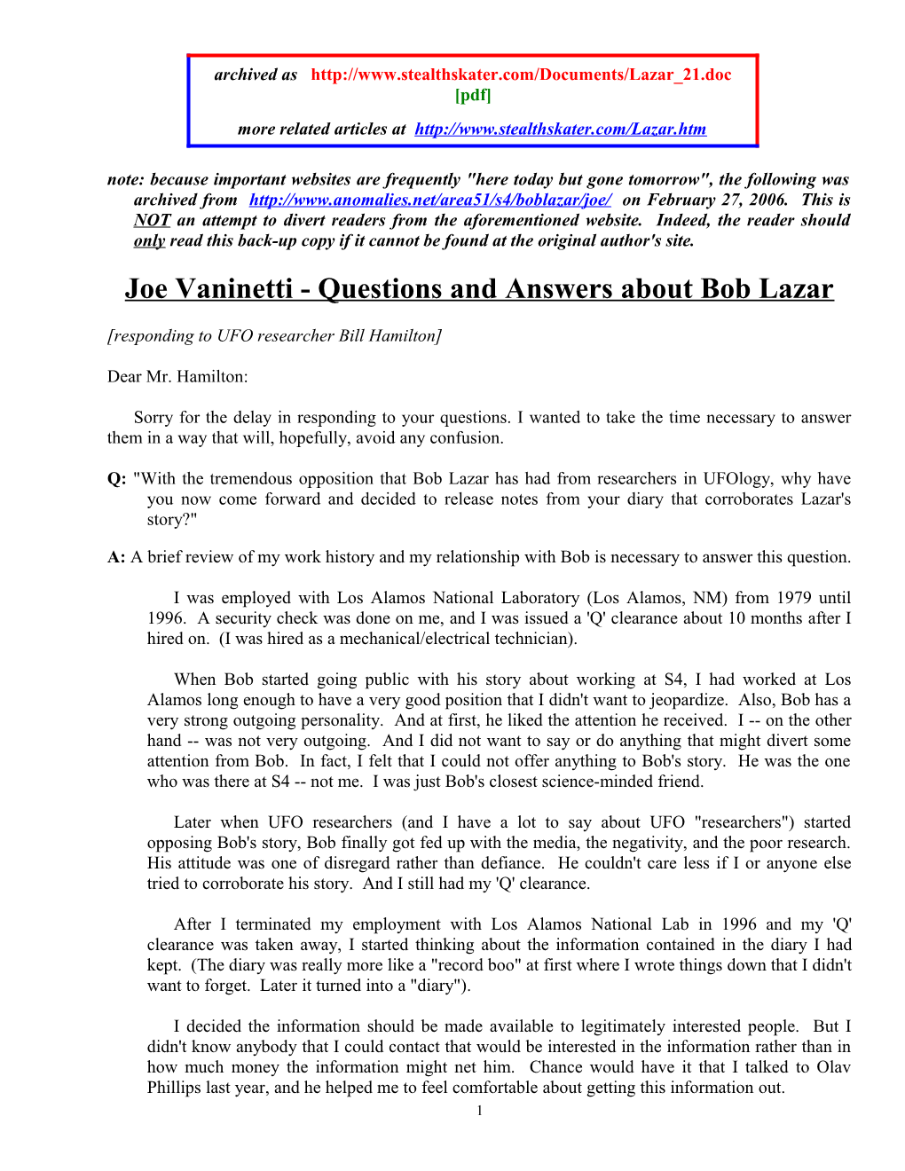Joe Vaninetti - Questions and Answers About Bob Lazar