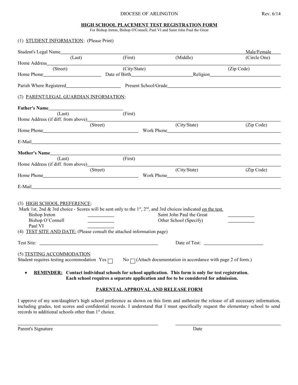 High School Placement Test Registration Form