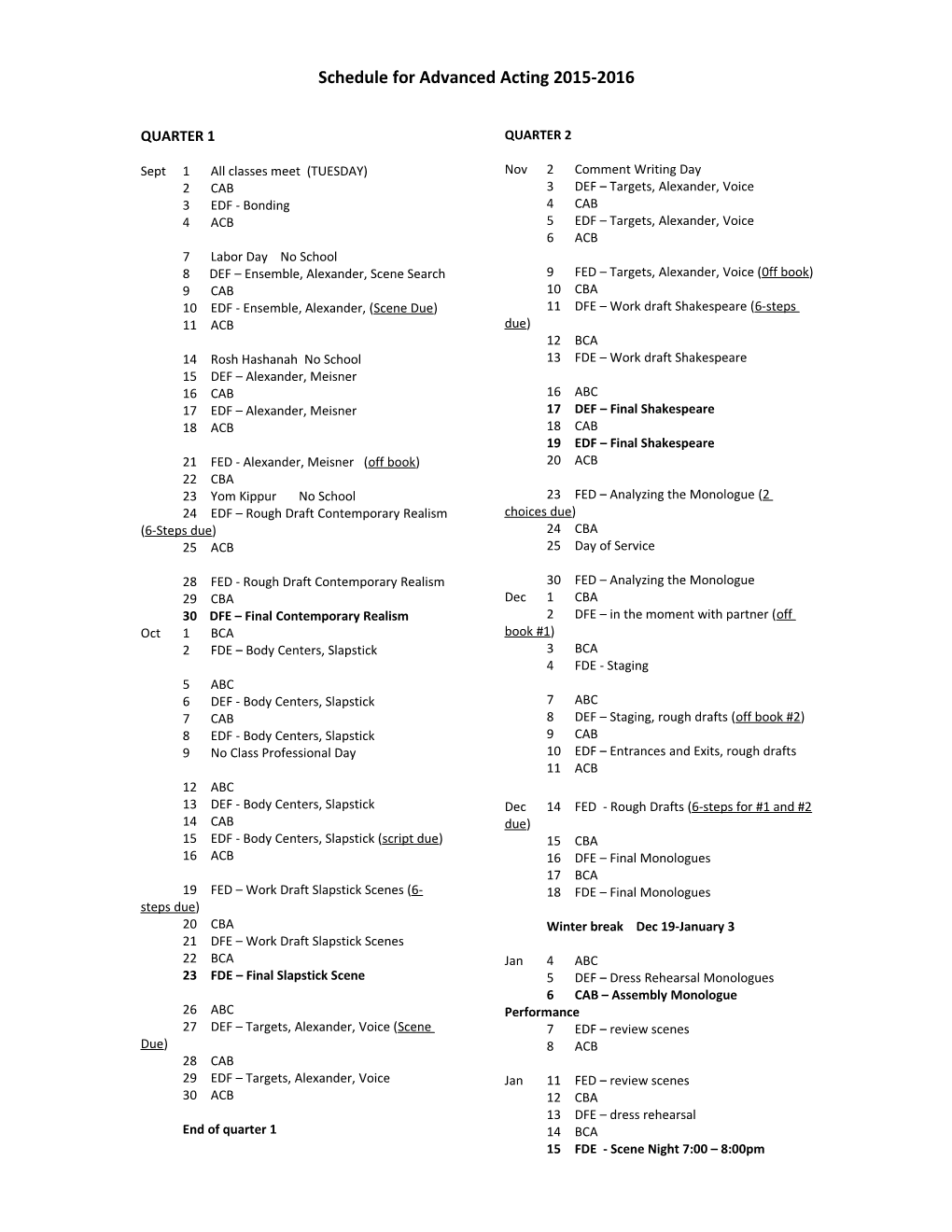 Schedule for Advanced Acting 2015-2016