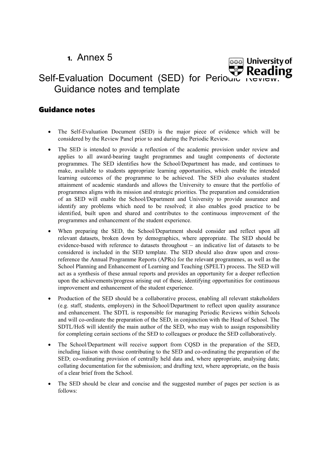 Self-Evaluation Document (SED) for Periodic Review: Guidance Notes and Template