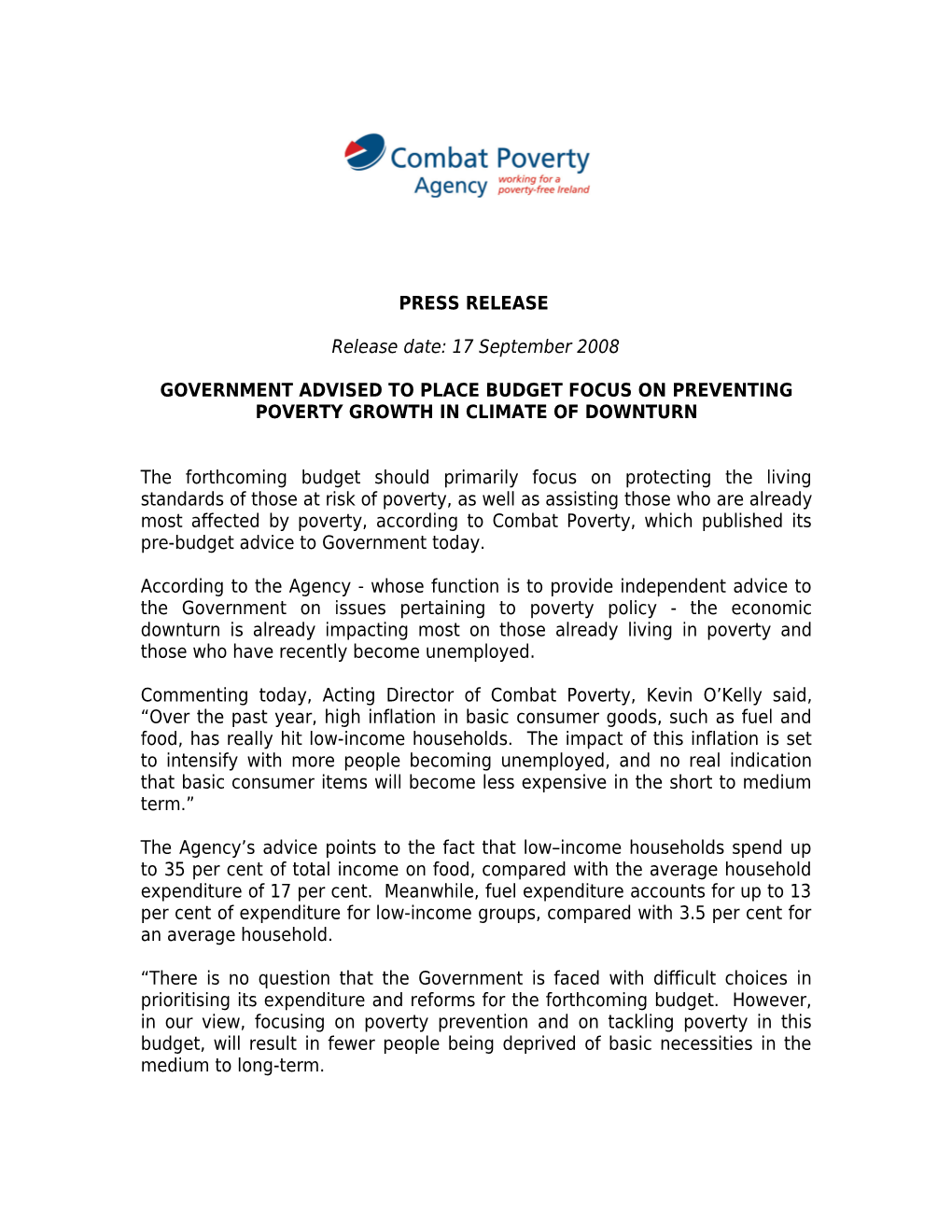 Press Release: Combat Poverty Pre-Budget Submission 2009