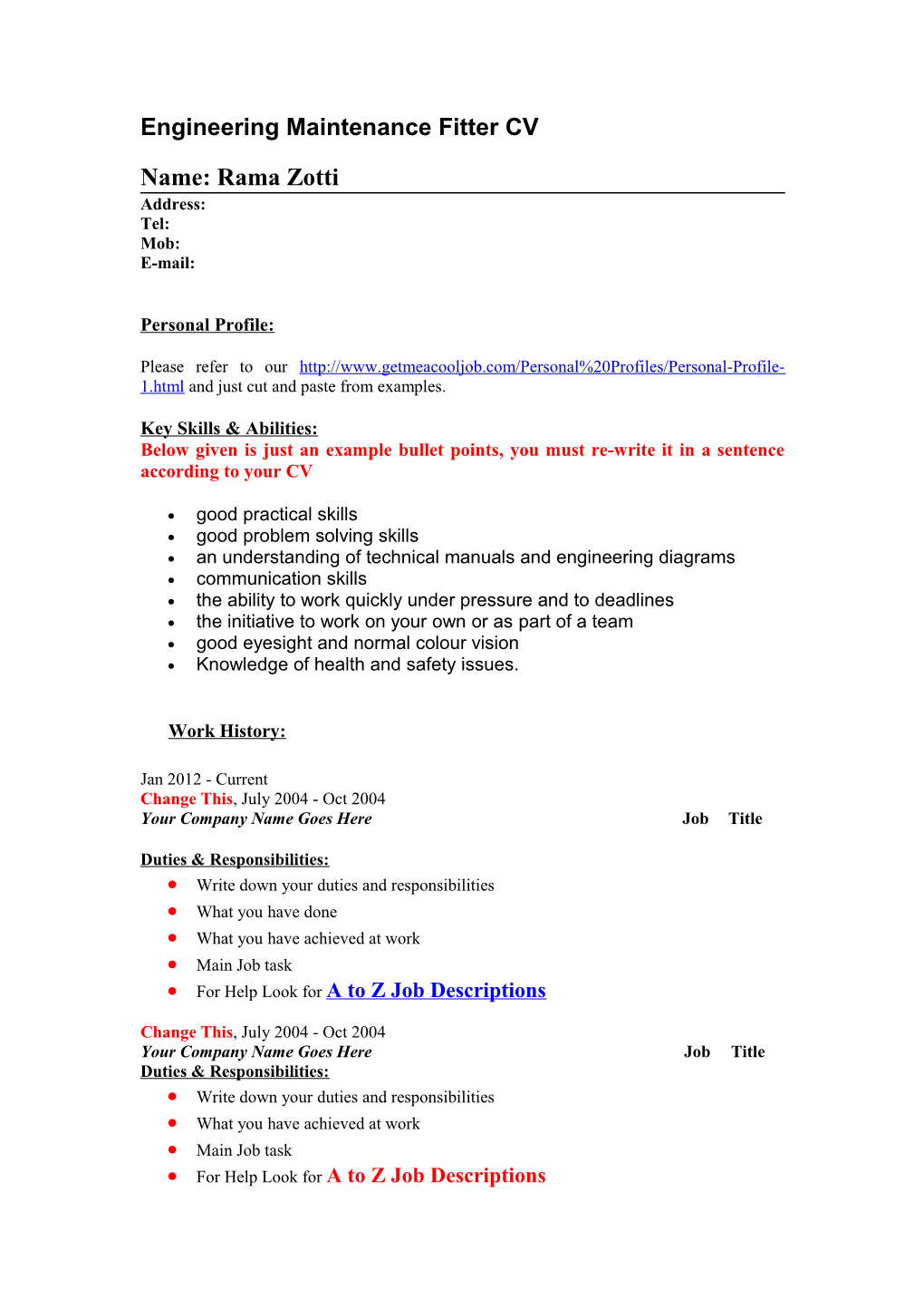 Engineering Maintenance Fitter Job Descriptions