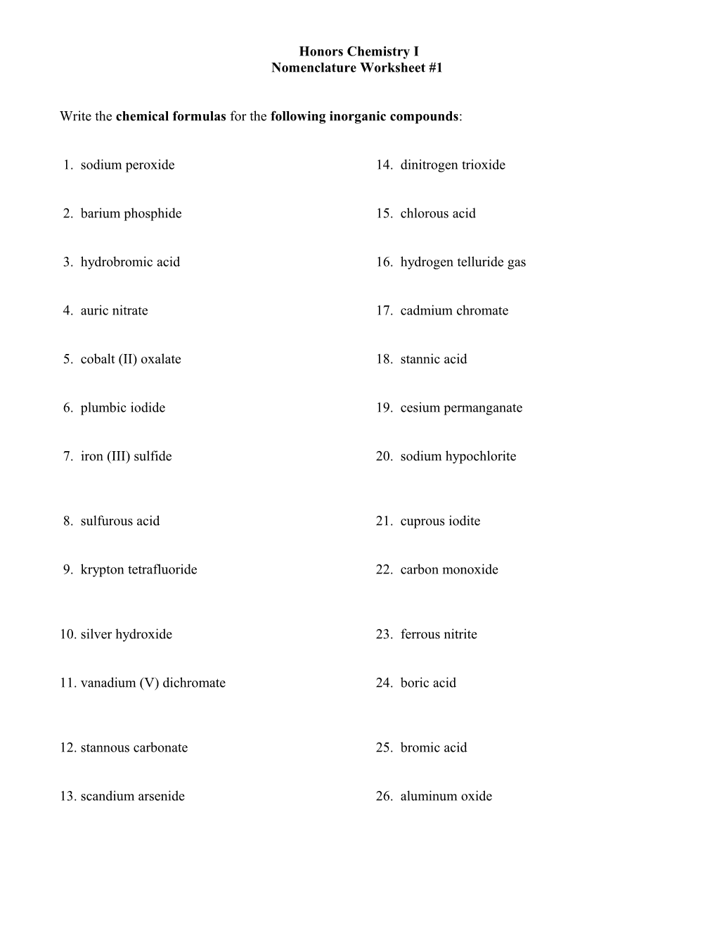 Honors Chemistry I