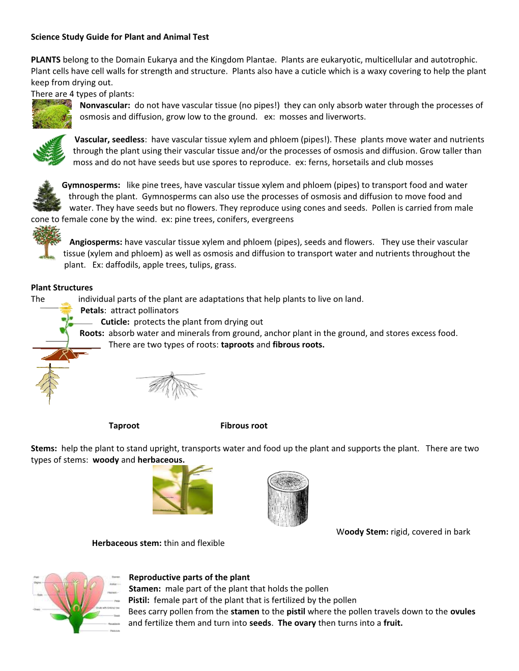 Science Study Guide for Plant and Animal Test