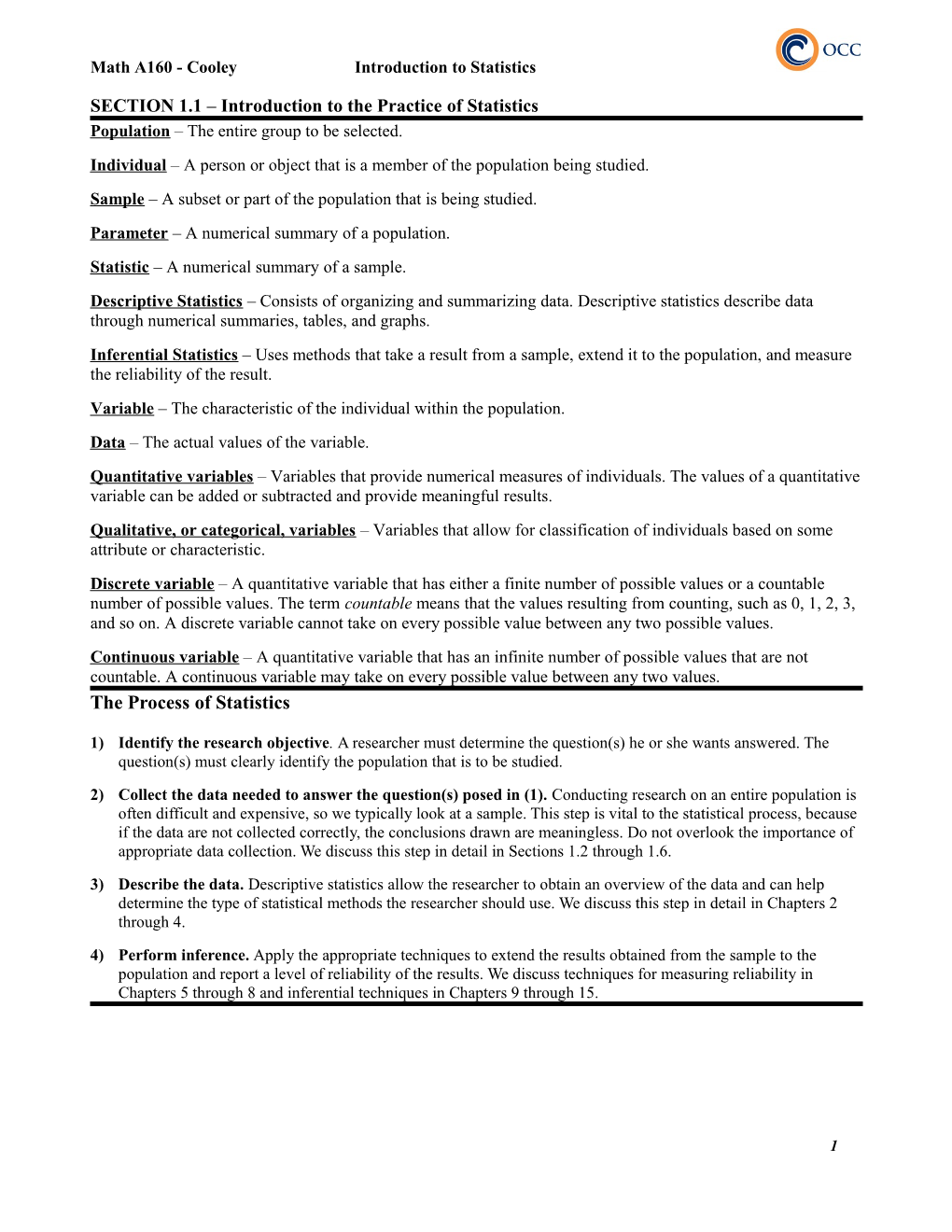 Math A160 - Cooleyintroduction to Statistics OCC