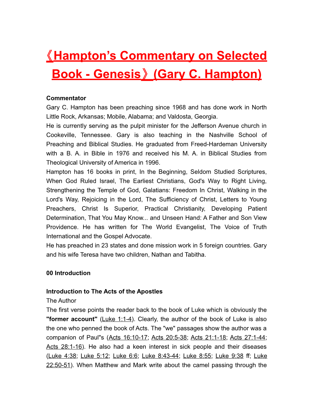Hampton S Commentary on Selected Book - Genesis (Gary C. Hampton)