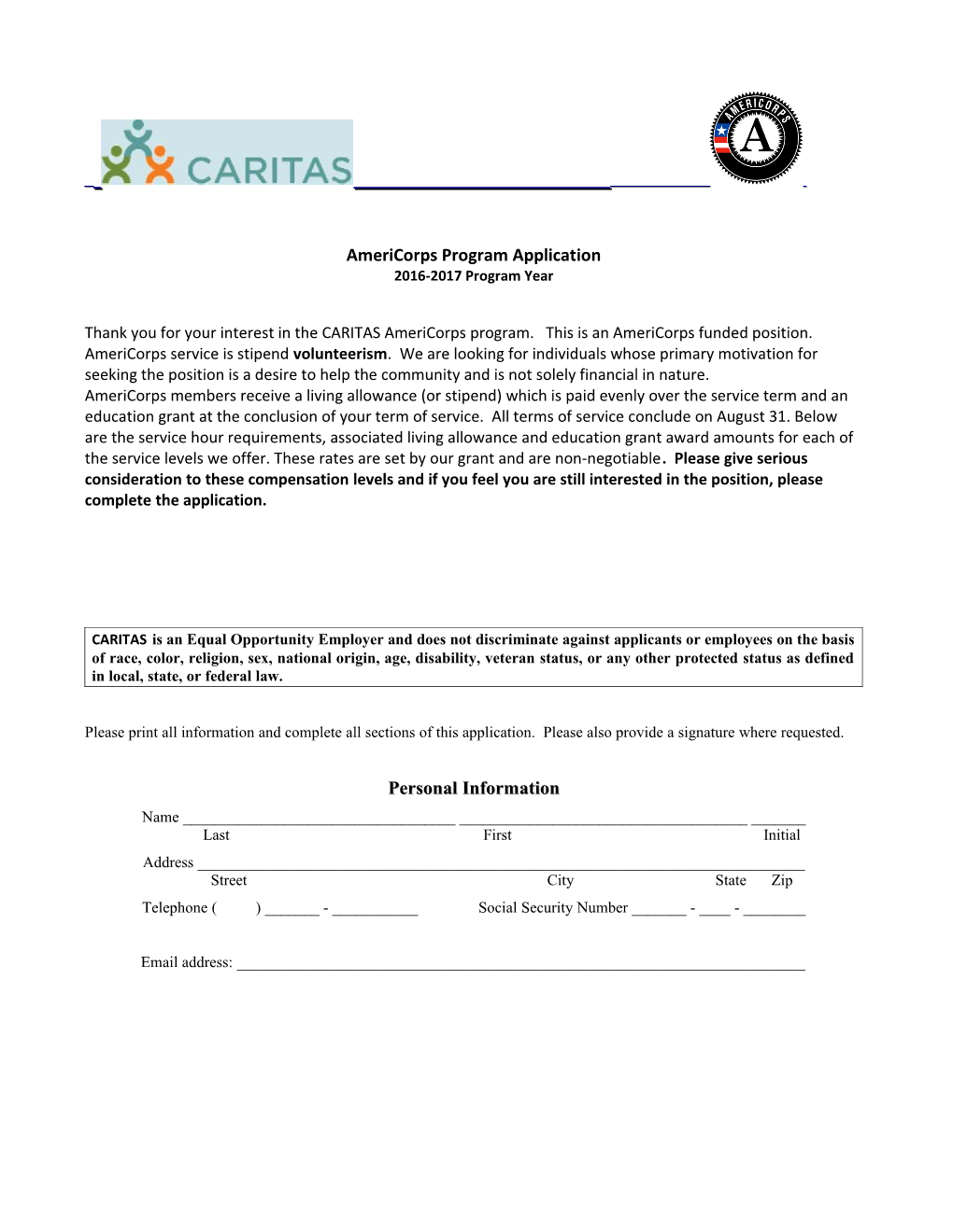 Americorps Program Application