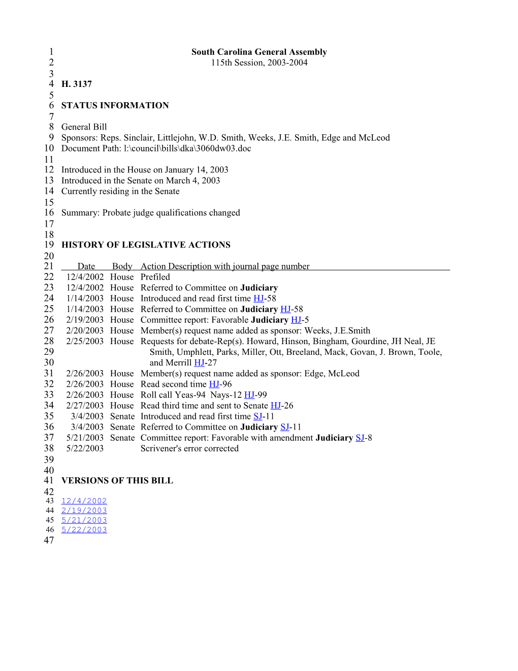 2003-2004 Bill 3137: Probate Judge Qualifications Changed - South Carolina Legislature Online