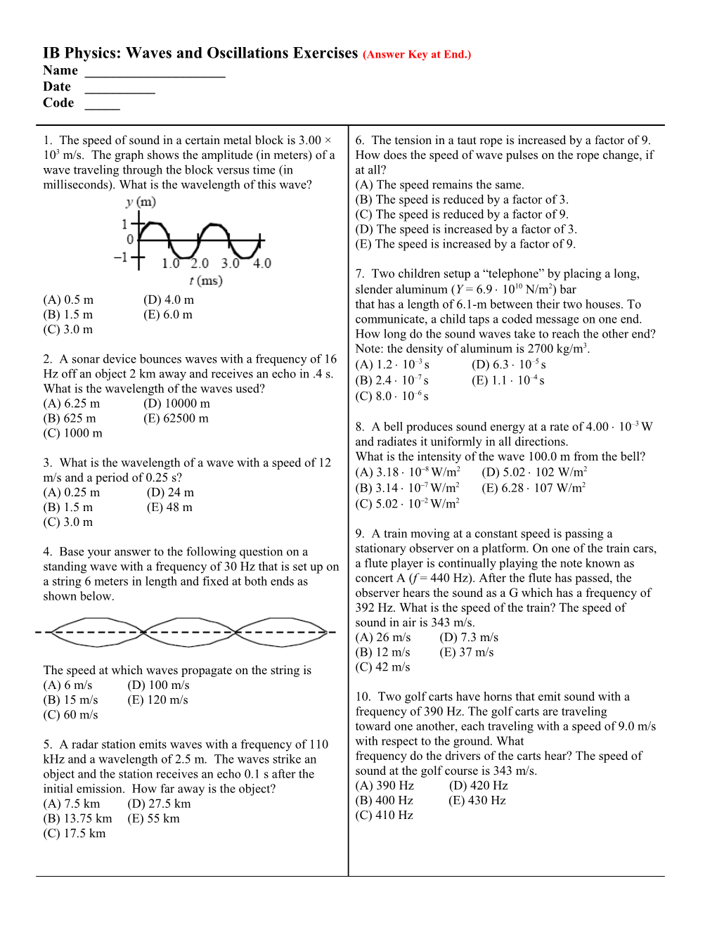 IB Physics: Waves and Oscillations Exercises (Answer Key at End.)