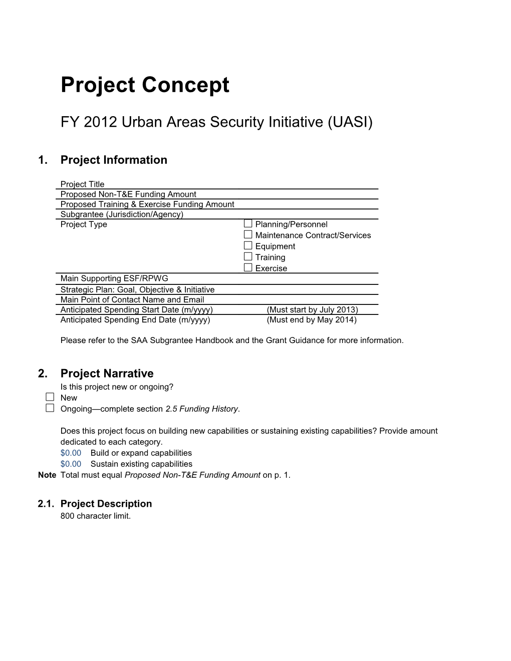 FY 2012 UASI Project Concept