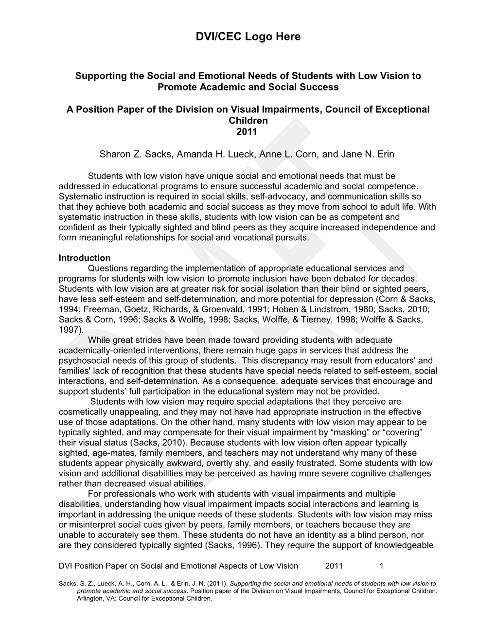 A Position Paper of the Division on Visual Impairments, Council of Exceptional Children