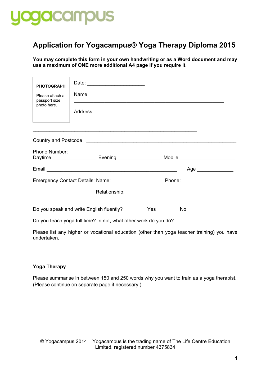 Application Form for the Life Centre Yoga Teacher Training Programme Level 1 (200 Hour