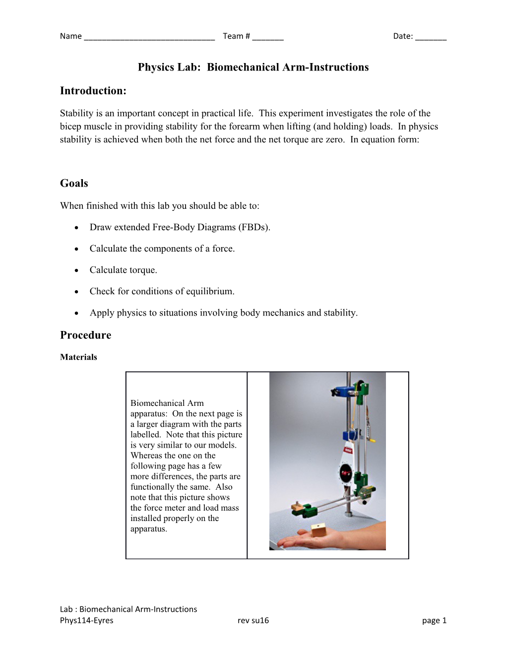 Physics Lab: Biomechanical Arm-Instructions