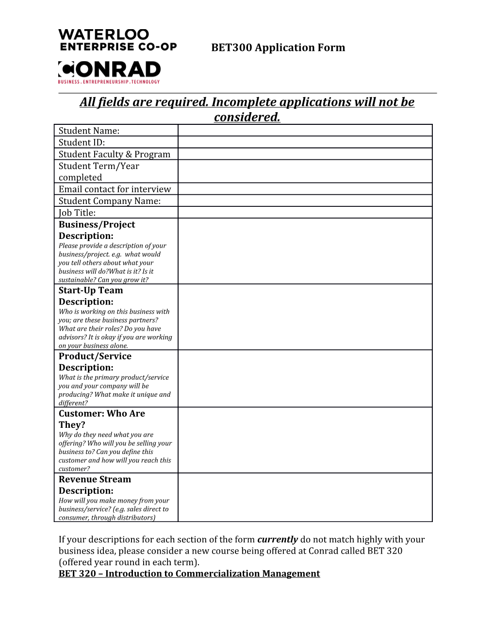 E Co-Op Entry Form