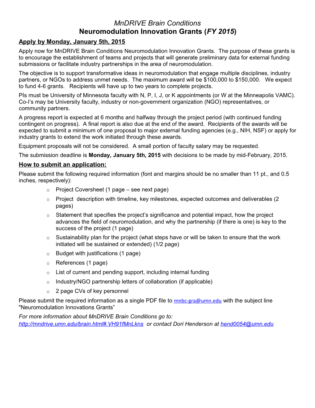 Neuromodulation Innovation Grants (FY 2015)