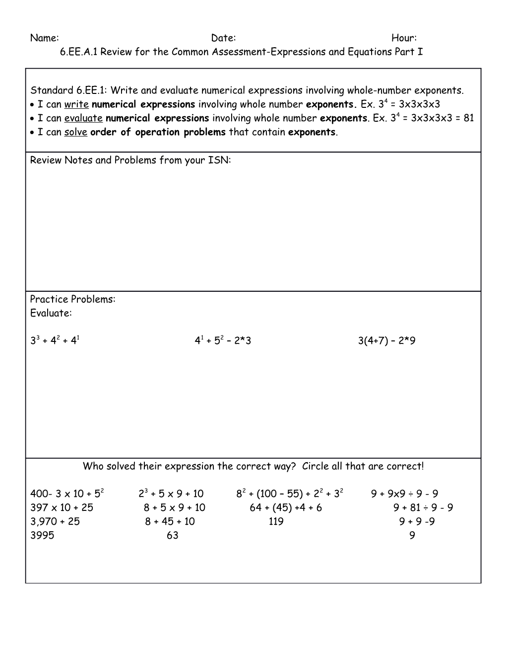 6.EE.A.1 Review for the Common Assessment-Expressions and Equations Part I