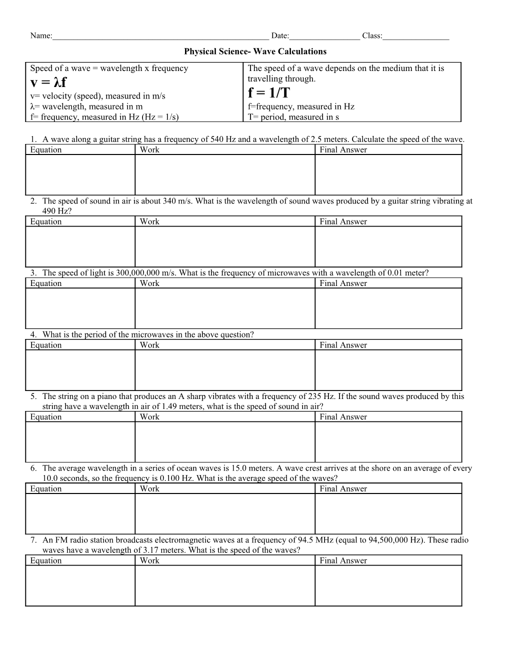 Physical Science- Wave Calculations