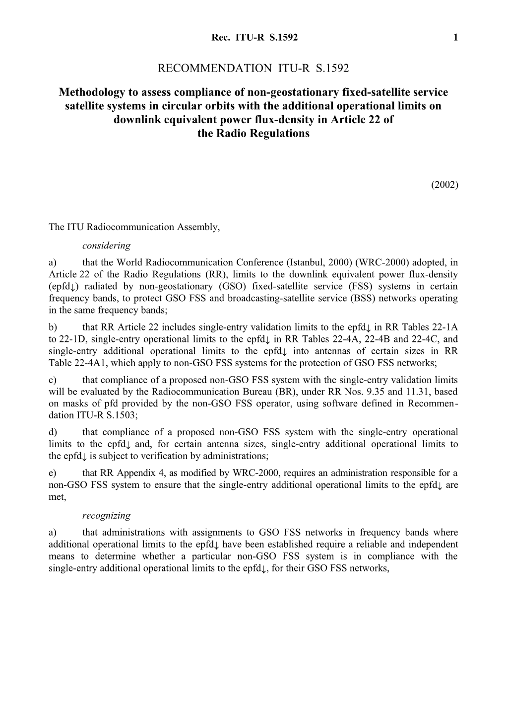 RECOMMENDATION ITU-R S.1592 - Methodology to Assess Compliance of Non-Geostationary