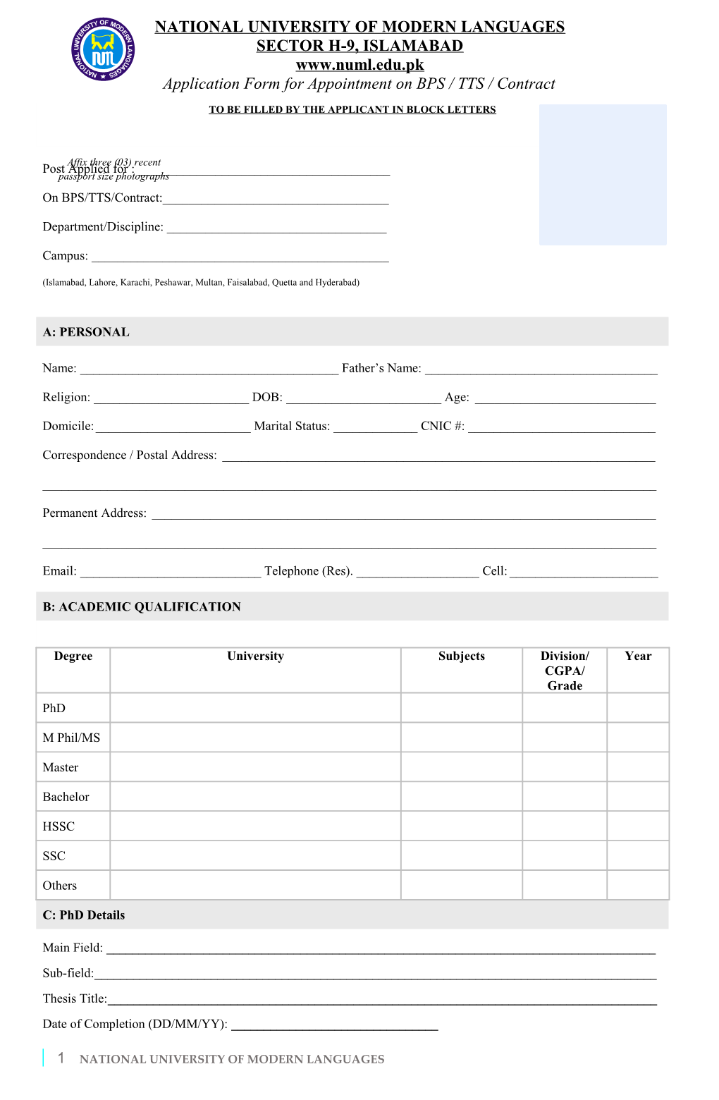 Application Form for Appointment on BPS / TTS / Contract