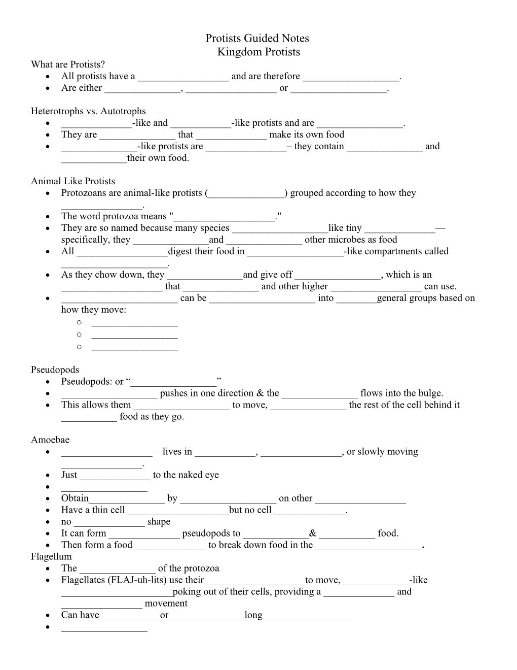 Protists Guided Notes