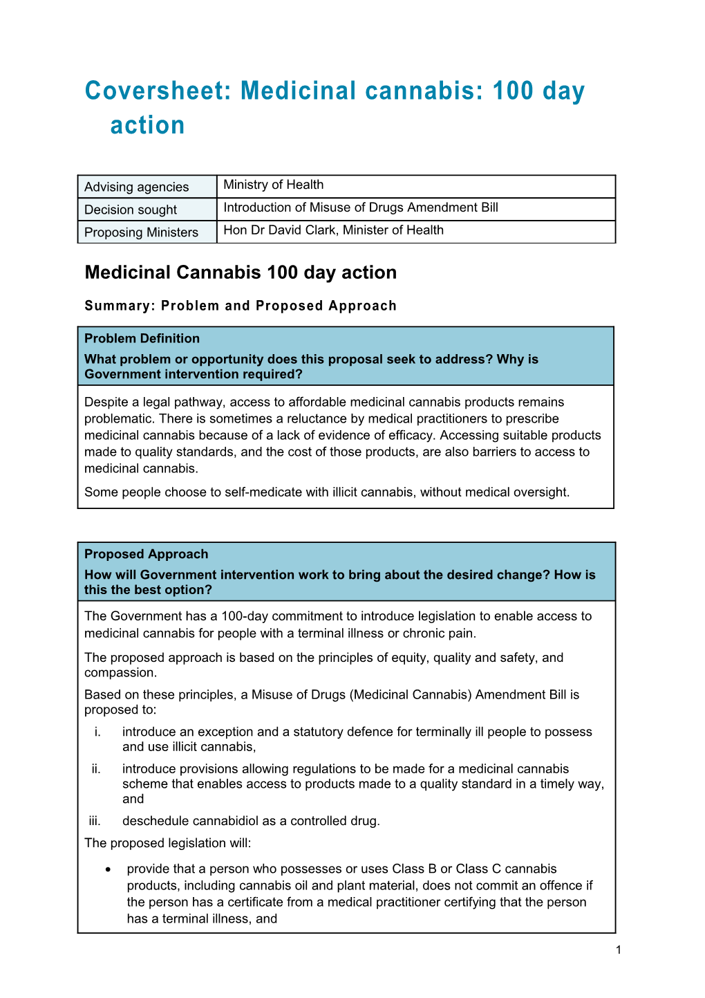 Coversheet: Medicinal Cannabis: 100 Day Action