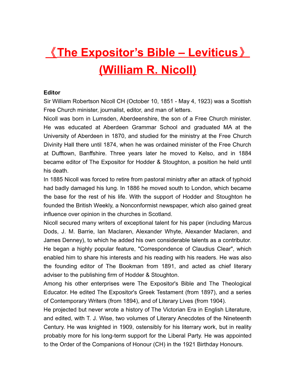 The Expositor S Bible Leviticus (William R. Nicoll)