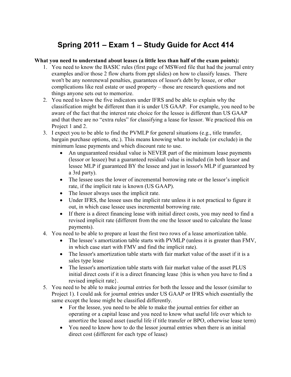 Fall 2008 Exam 1 Study Guide for Acct 414