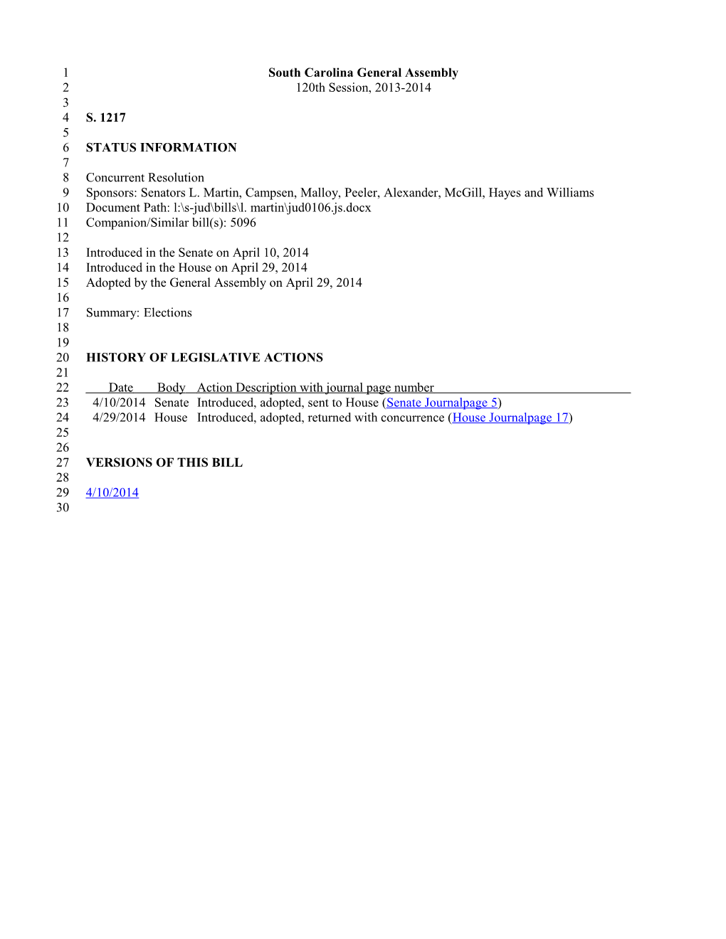 2013-2014 Bill 1217: Elections - South Carolina Legislature Online