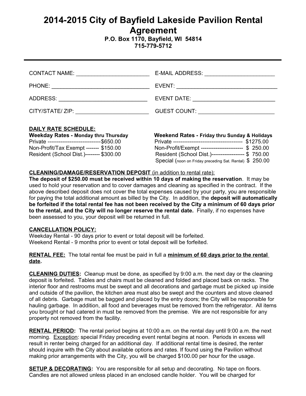 2008 City of Bayfield Lakeside Pavilion Rental Agreement s1