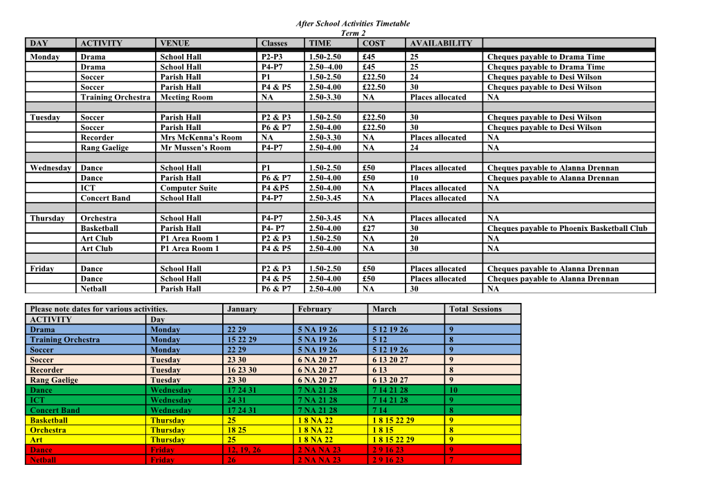 After School Activities Timetable