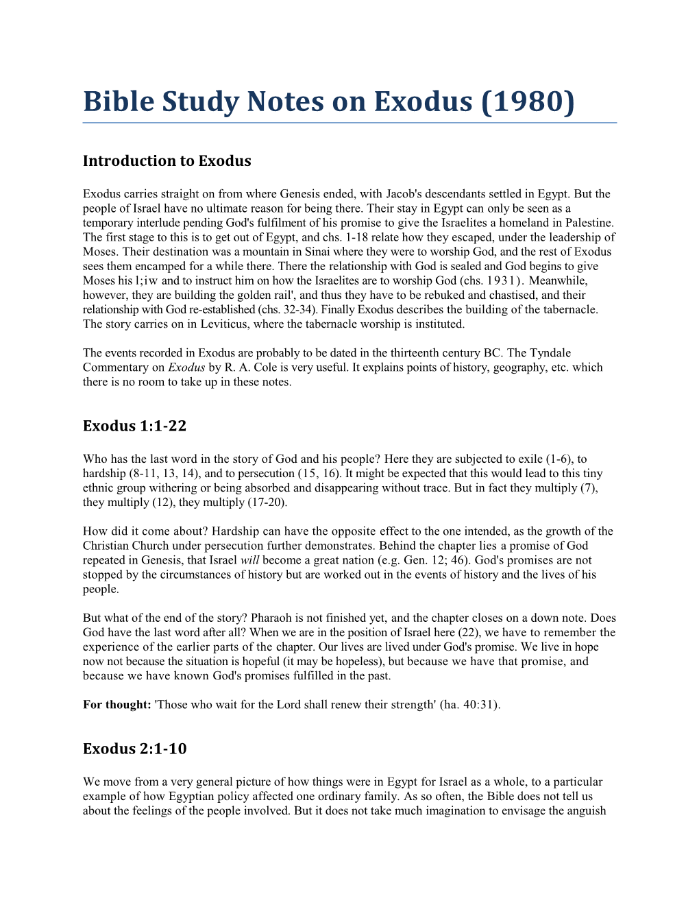 Bible Study Notes on Exodus (1980)