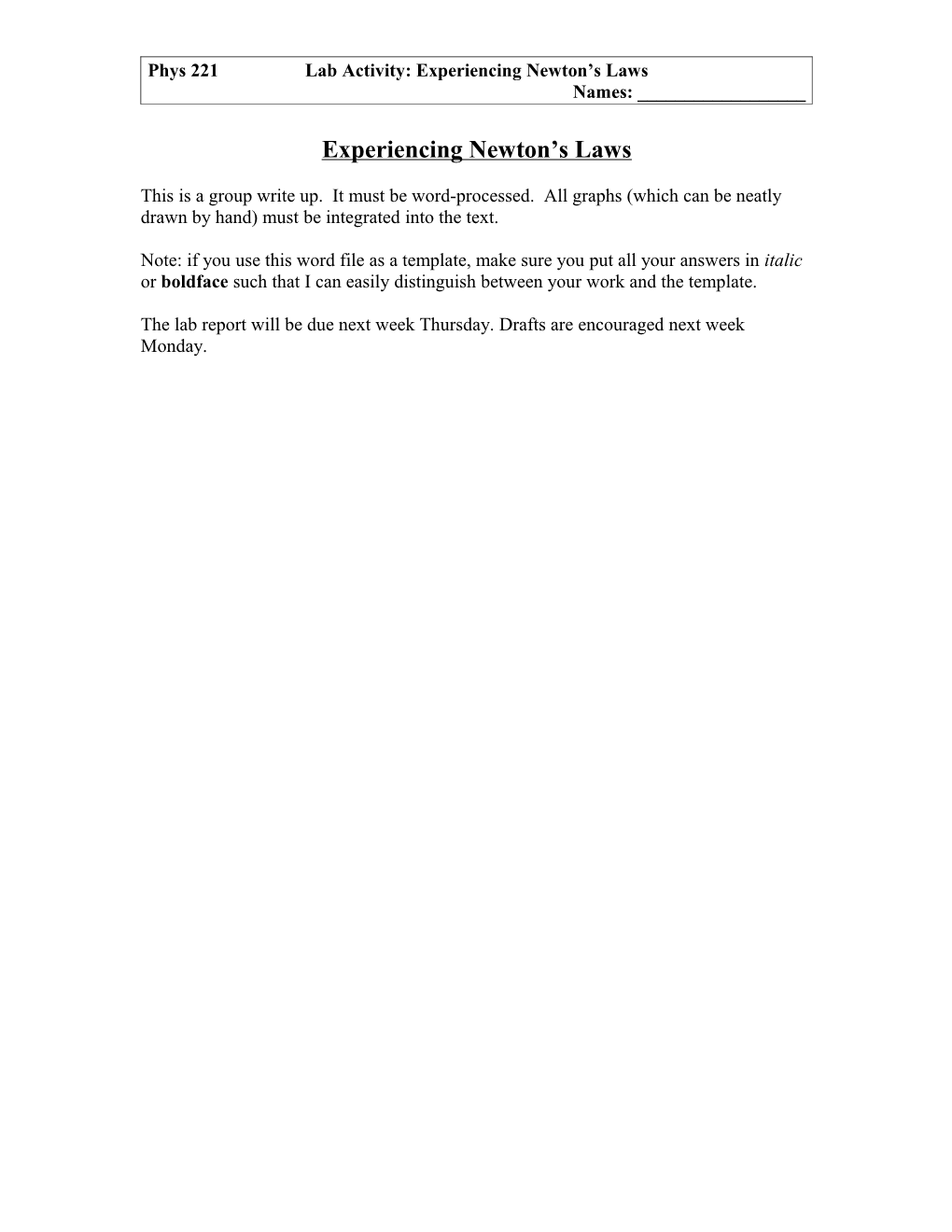 Phys 221 Lab Activity: Experiencing Newton S Laws