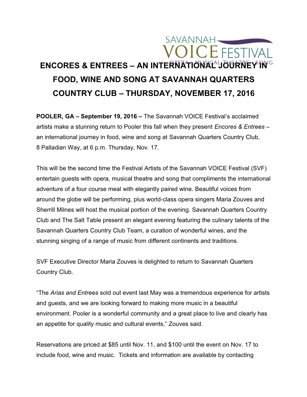 Encores & Entrees an International Journey in Food, Wine and Song at Savannah Quarters