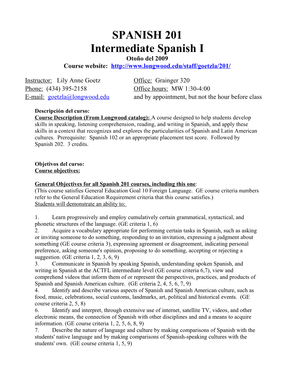 Intermediate Spanishi Otoño Del 2009 Course Website