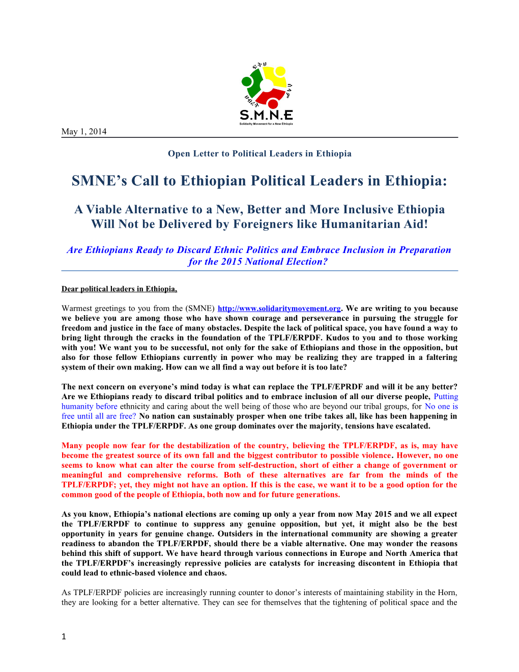 Open Letter to Political Leaders in Ethiopia