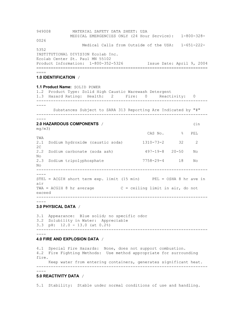 949008 Material Safety Data Sheet: Usa