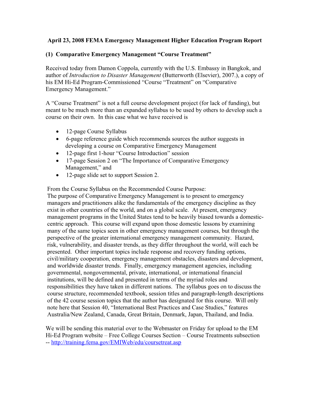 April 23, 2008 FEMA Emergency Management Higher Education Program Report