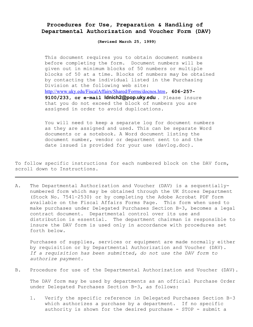 Procedures for Use, Preparation & Handling of Departmental Authorization and Voucher Form (DAV)