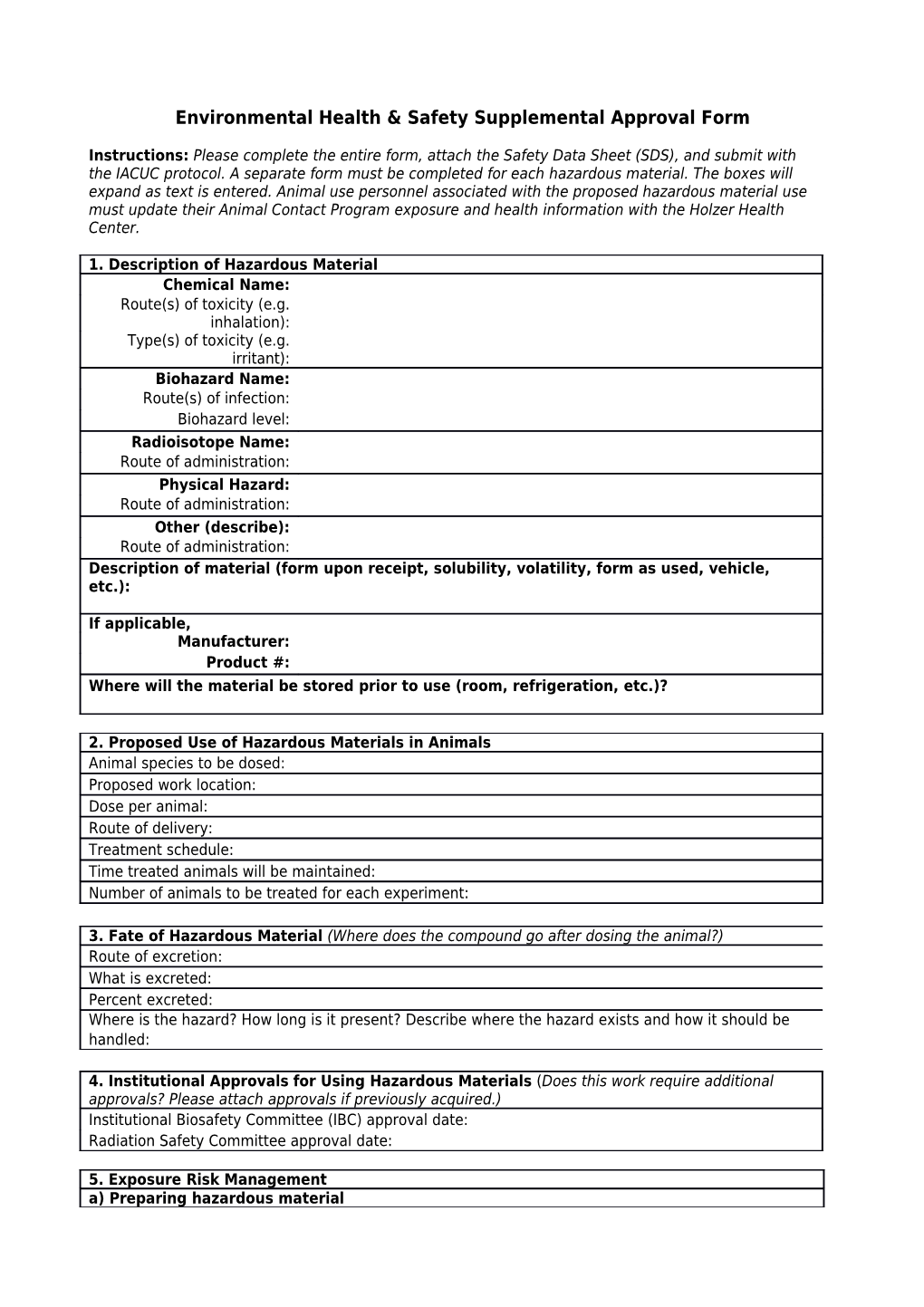 Environmental Health & Safety Supplemental Approval Form