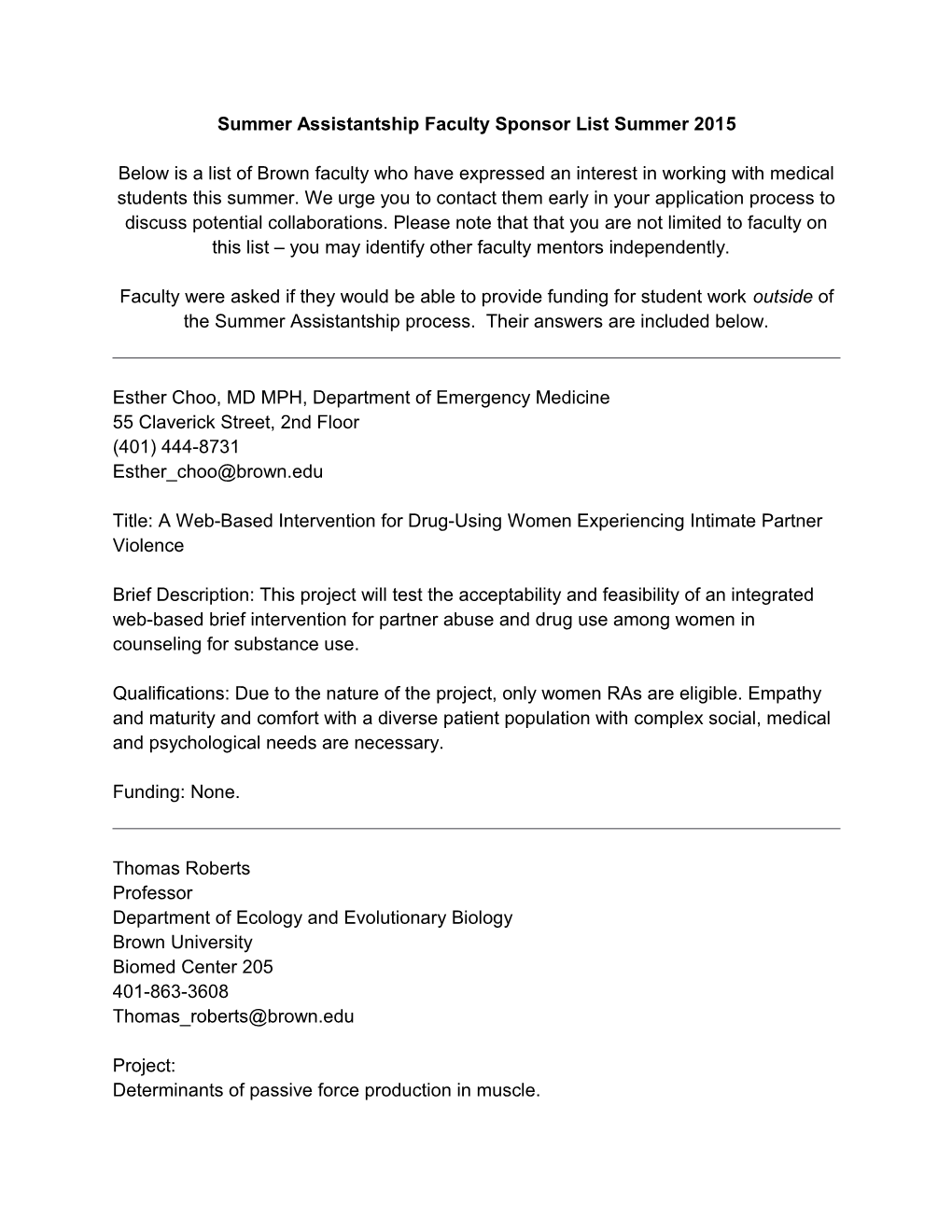 Summer Assistantship Faculty Sponsor List Summer 2015