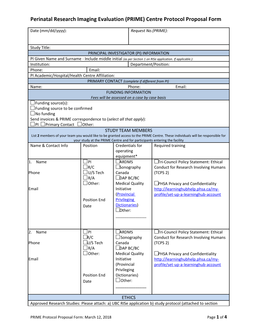 Perinatal Research Imaging Evaluation (PRIME) Centre Protocol Proposal Form