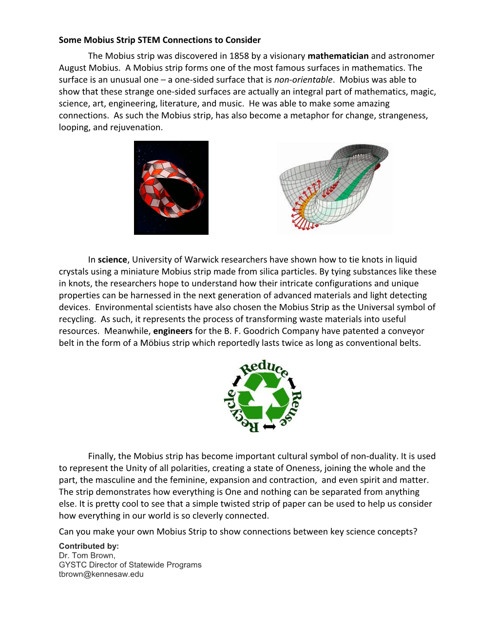 Some Mobius Strip STEM Connections to Consider