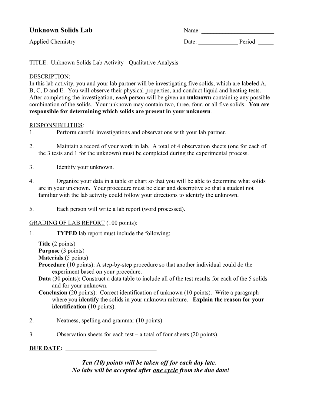 Applied Chemistry Unknown Solids Lab