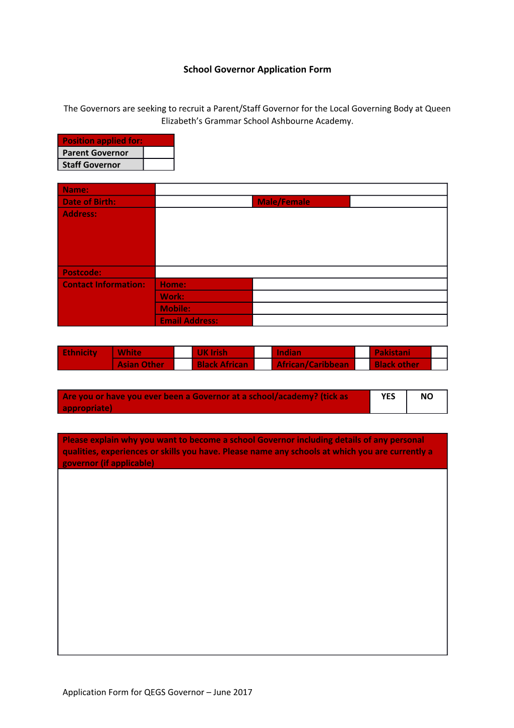 School Governor Application Form