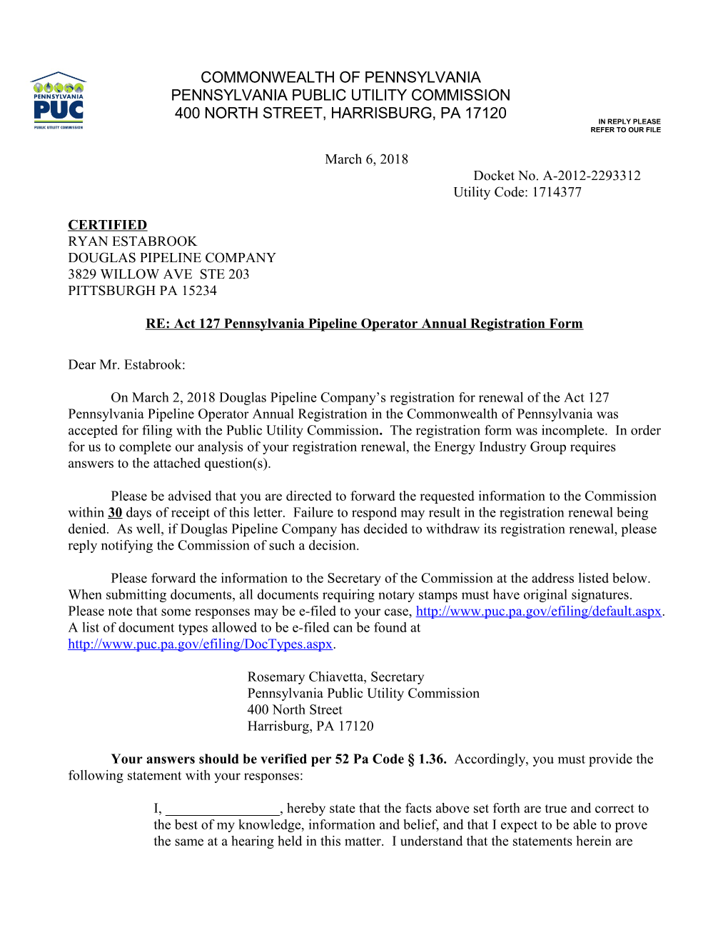 RE: Act 127 Pennsylvania Pipeline Operator Annual Registration Form