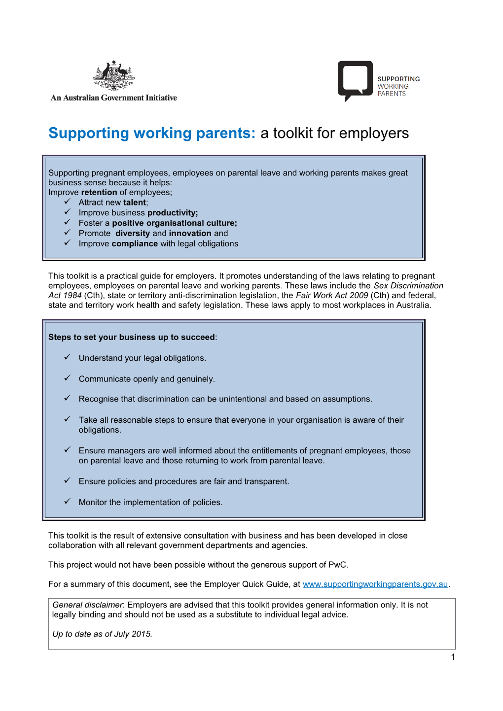 Supporting Working Parents: a Toolkit for Employers